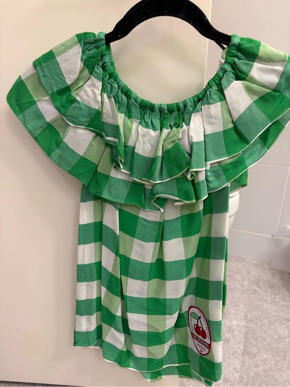 Moschino Green and White Gingham Off-Shoulder Dress